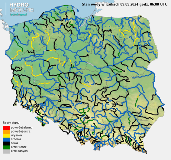 Stan wody na rzekach w Polsce 09.05.2024 r. godz. 8:00.