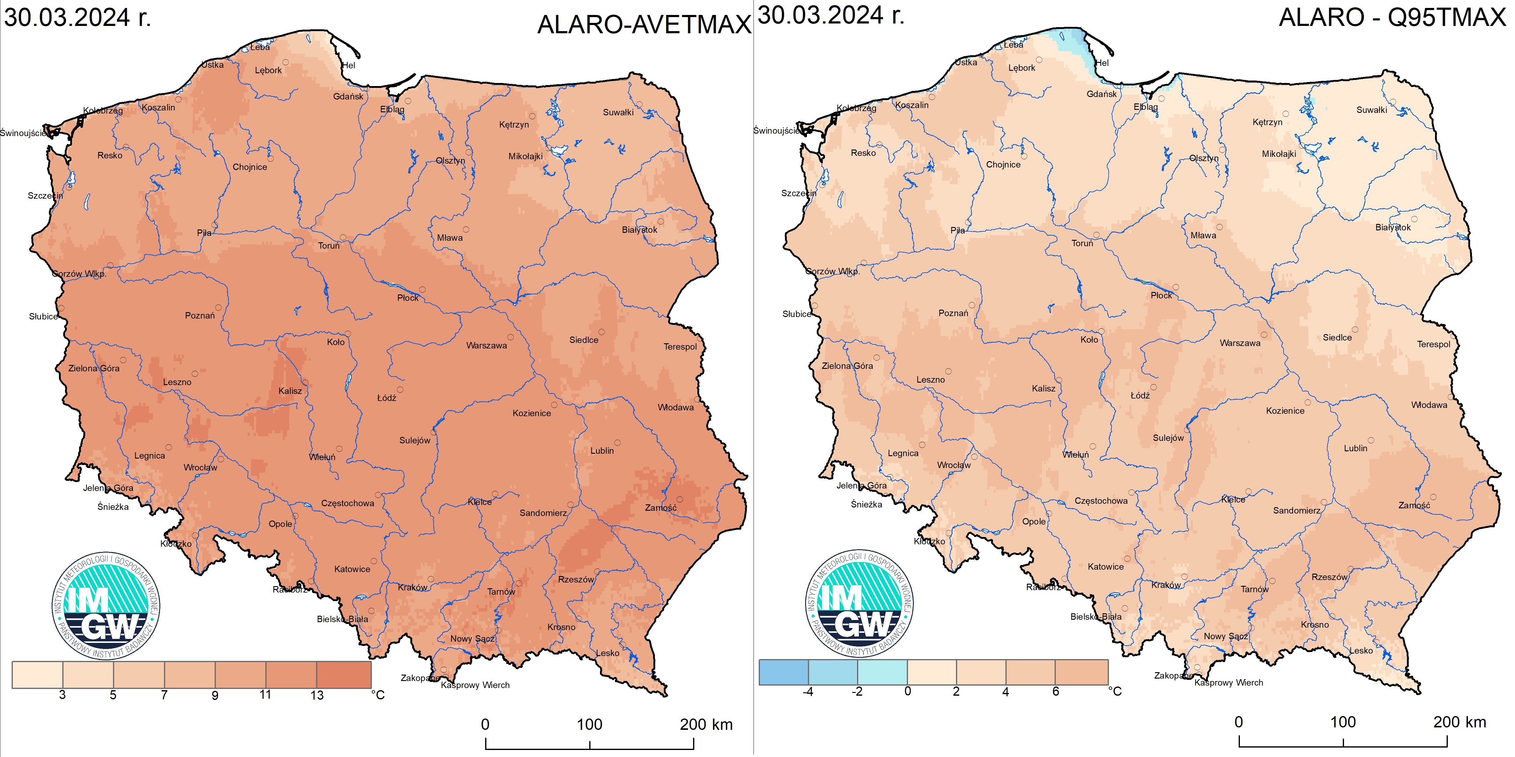 Anomalia prognozy TMAX (2024-03-30) względem notowanych charakterystyk wieloletnich (1991-2020): ALARO-AVETMAX – ALARO-wartość średnia TMAX (po lewej), ALARO-Q95TMAX – ALARO-kwantyl 95% TMAX (po prawej).
