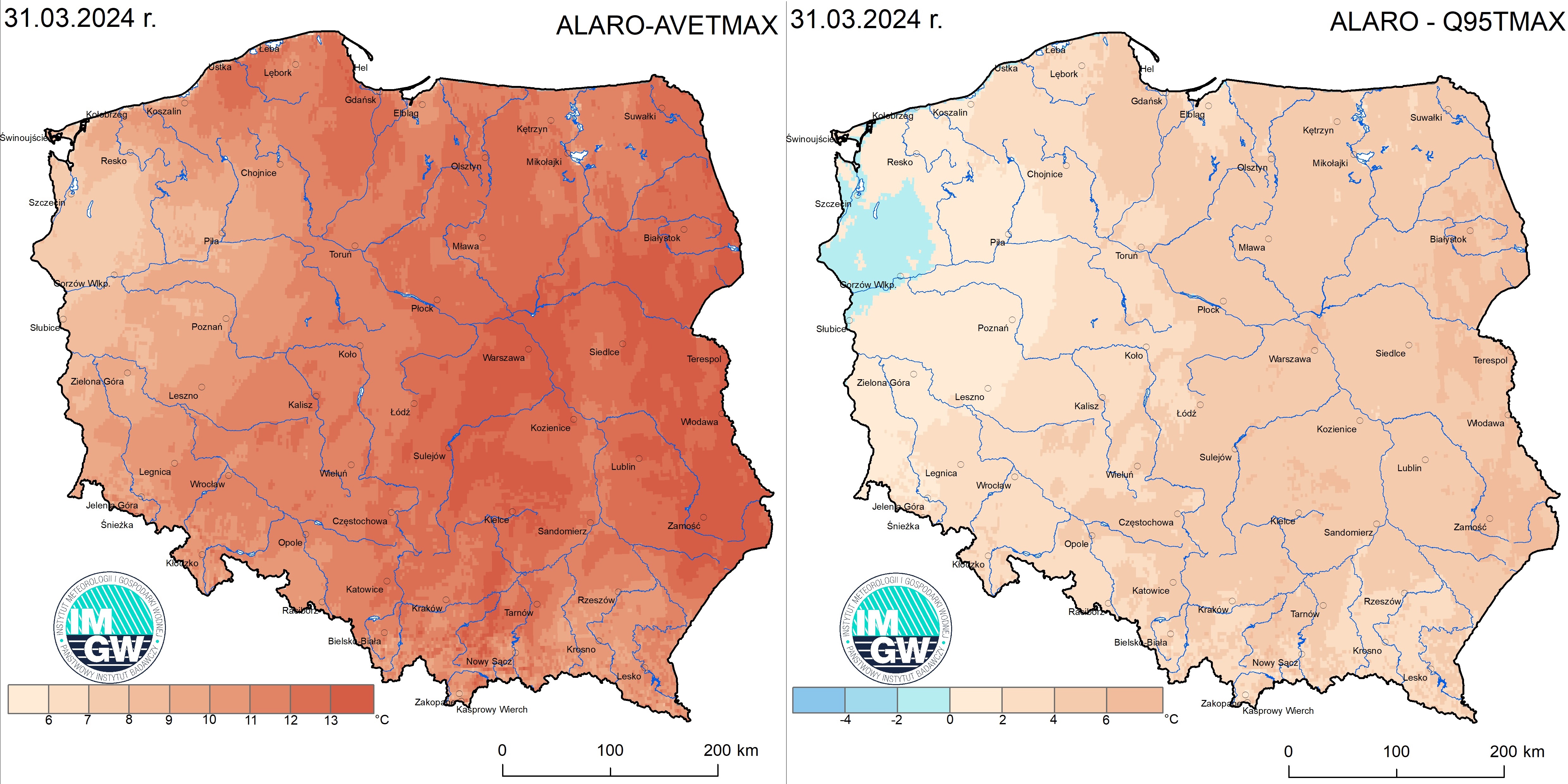Anomalia prognozy TMAX (2024-03-31) względem notowanych charakterystyk wieloletnich (1991-2020): ALARO-AVETMAX – ALARO-wartość średnia TMAX (po lewej), ALARO-Q95TMAX – ALARO-kwantyl 95% TMAX (po prawej).