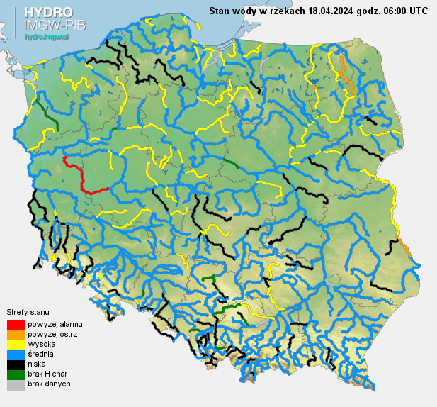 Stan wody na rzekach w Polsce 18.04.2024 r. godz. 8:00.