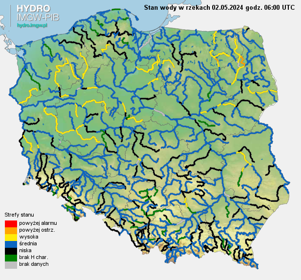 Stan wody na rzekach w Polsce 02.05.2024 r. godz. 8:00.