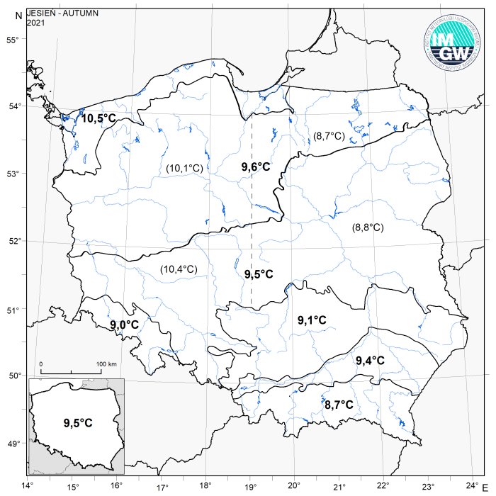 Wartości średniej obszarowej temperatury powietrza na jesieni 2021 r. w poszczególnych regionach klimatycznych Polski.