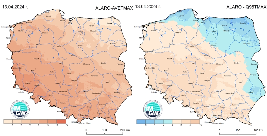 Anomalia prognozy TMAX (2024-04-13) względem notowanych charakterystyk wieloletnich (1991-2020): ALARO-AVETMAX – ALARO-wartość średnia TMAX (po lewej), ALARO-Q95TMAX – ALARO-kwantyl 95% TMAX (po prawej).