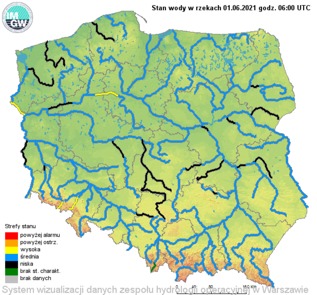 Stan wody w rzekach w Polsce 1 czerwca 2021 roku.