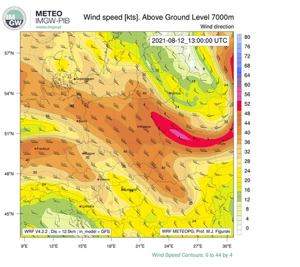 Przykładowa wizualizacja pola wiatrów wijących na wysokości 7000 m nad powierzchnią terenu.