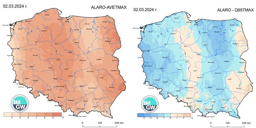 Anomalia prognozy TMAX (2024-03-02) względem notowanych charakterystyk wieloletnich (1991-2020): ALARO-AVETMAX – ALARO-wartość średnia TMAX (po lewej), ALARO-Q95TMAX – ALARO-kwantyl 95% TMAX (po prawej).