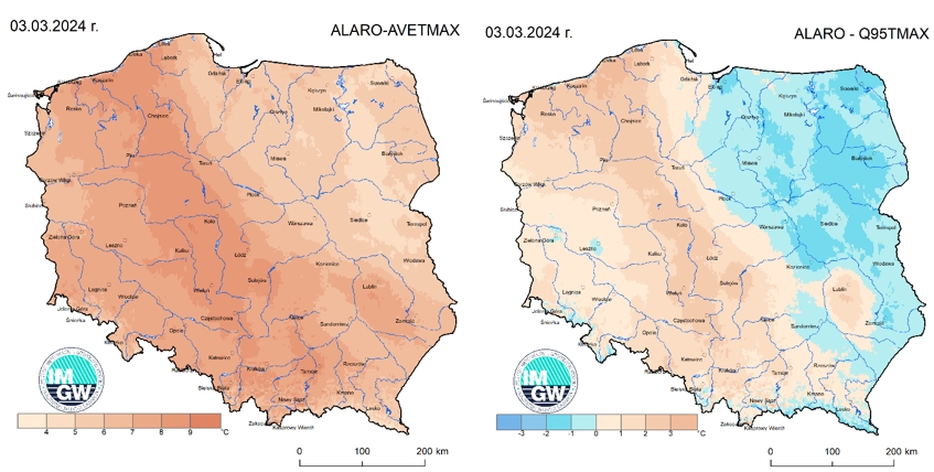 Anomalia prognozy TMAX (2024-03-03) względem notowanych charakterystyk wieloletnich (1991-2020): ALARO-AVETMAX – ALARO-wartość średnia TMAX (po lewej), ALARO-Q95TMAX – ALARO-kwantyl 95% TMAX (po prawej).