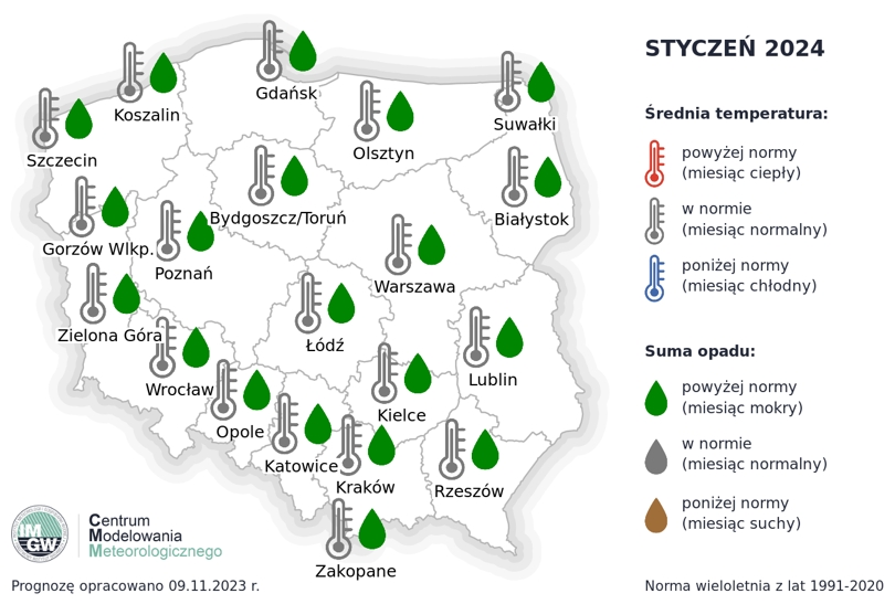 Rys.2. Prognoza średniej miesięcznej temperatury powietrza i miesięcznej sumy opadów atmosferycznych na styczeń 2024 r. dla wybranych miast w Polsce