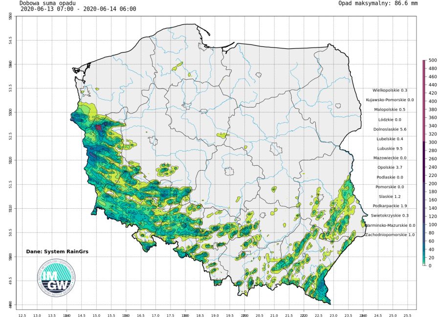 Dobowa suma opadów z systemu RainGR zanotowana 13 czerwca podczas burz przechodzących przez południową i zachodnią część Polski