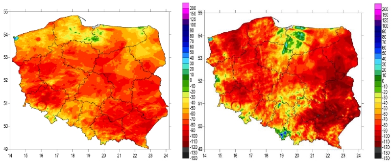 Sumy miesięczne klimatycznego bilansu wodnego w maju (lewy) i czerwcu (prawy) 2022 roku (szacowane na podstawie danych z obserwacji naziemnych, radarów meteorologicznych i danych satelitarnych).