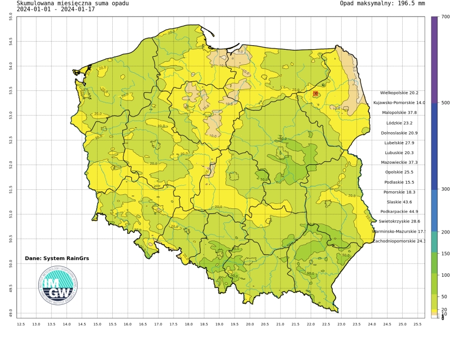 Suma skumulowanego opadu od początku stycznia 2024.