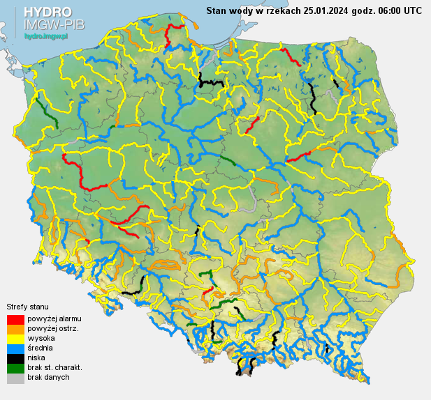 Stan wody na rzekach w Polsce 25.01.2024 r. godz. 7:00.