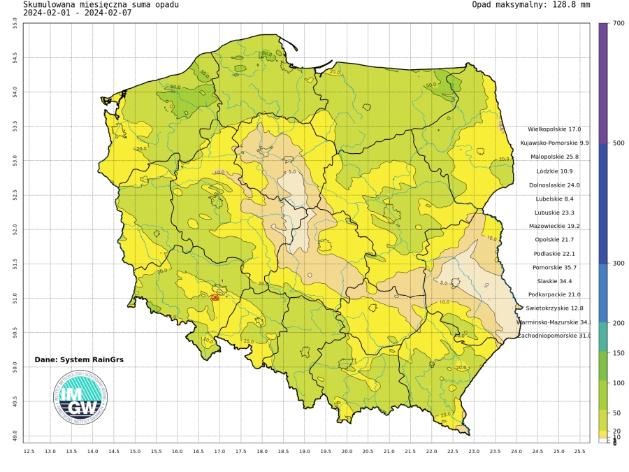 Suma skumulowanego opadu w lutym 2024.