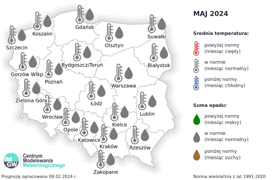 Rys. 3. Prognoza średniej miesięcznej temperatury powietrza i miesięcznej sumy opadów atmosferycznych na maj 2024 r. dla wybranych miast w Polsce