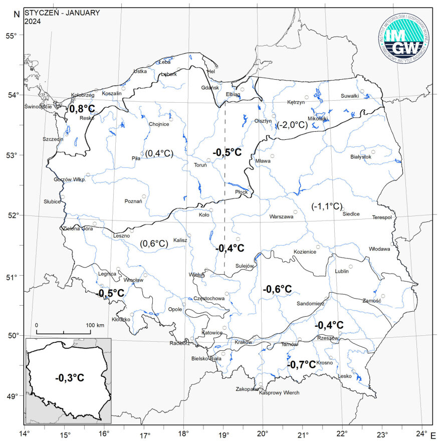 Wartości średniej obszarowej temperatury powietrza w styczniu 2024 r. w poszczególnych regionach klimatycznych Polski.