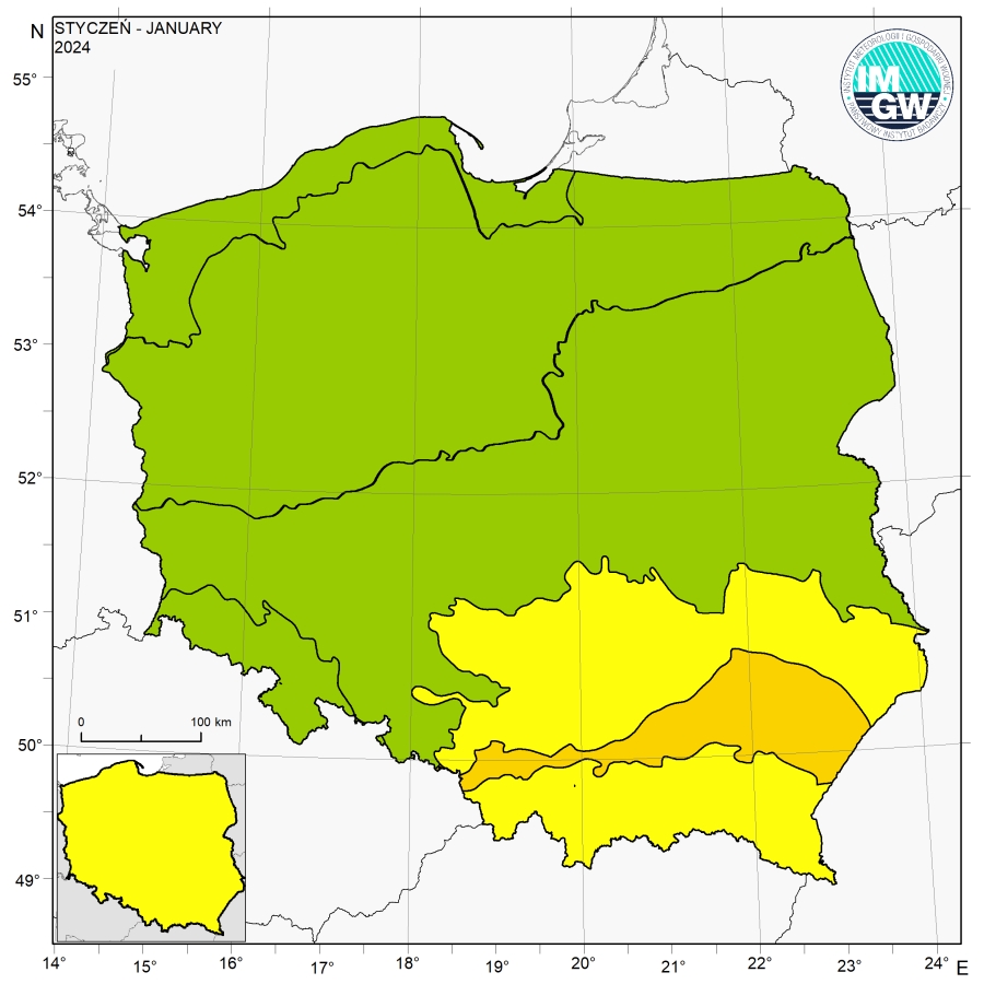 Klasyfikacja termiczna w styczniu 2024 r. w poszczególnych regionach klimatycznych Polski.