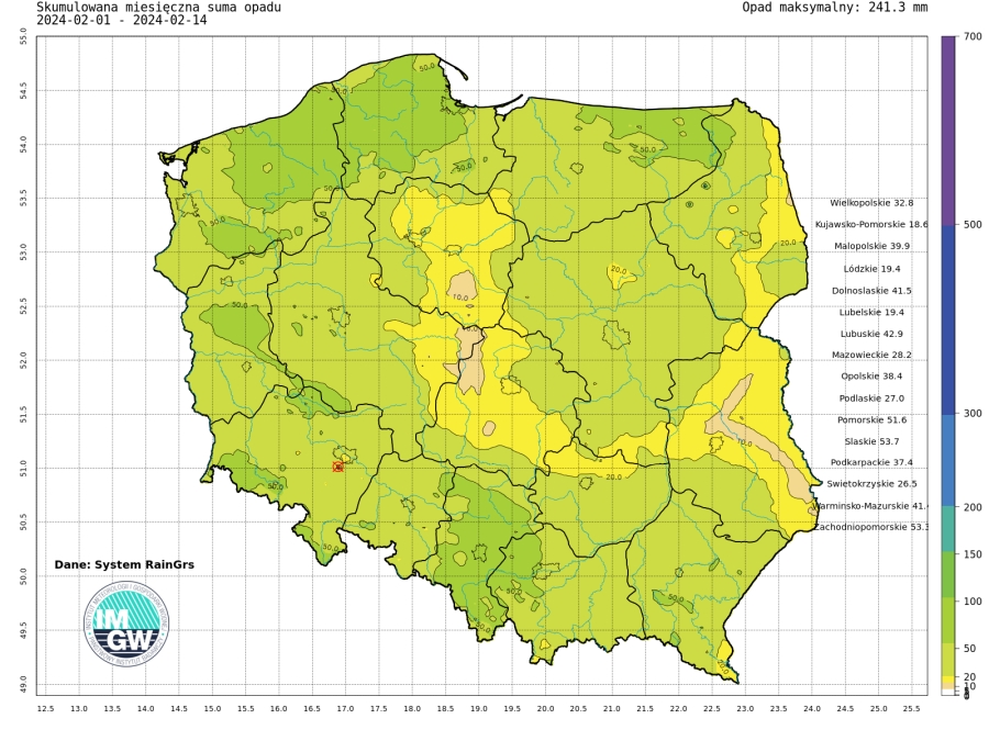 Suma skumulowanego opadu w lutym 2024.