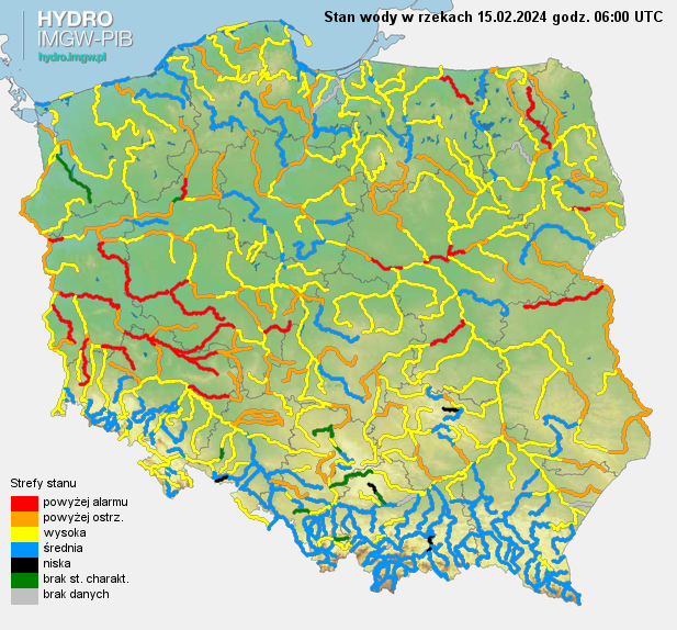 Stan wody na rzekach w Polsce 15.02.2024 r. godz. 7:00.