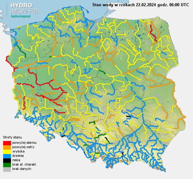 Stan wody na rzekach w Polsce 22.02.2024 r. godz. 7:00.