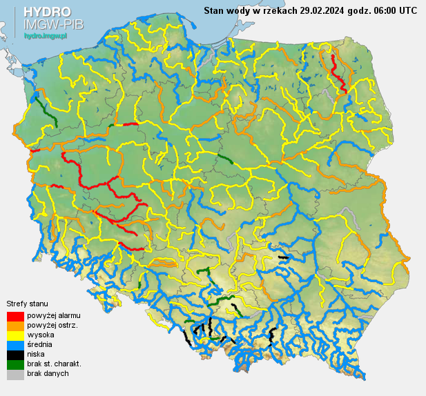 Stan wody na rzekach w Polsce 29.02.2024 r. godz. 7:00.