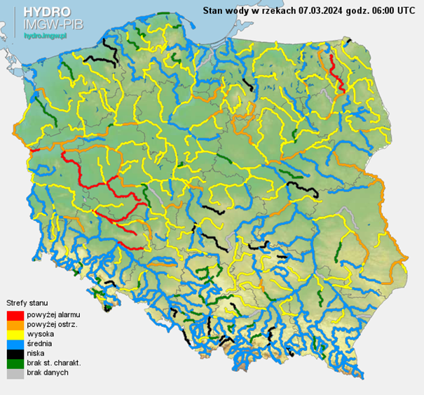 Stan wody na rzekach w Polsce 07.03.2024 r. godz. 7:00.