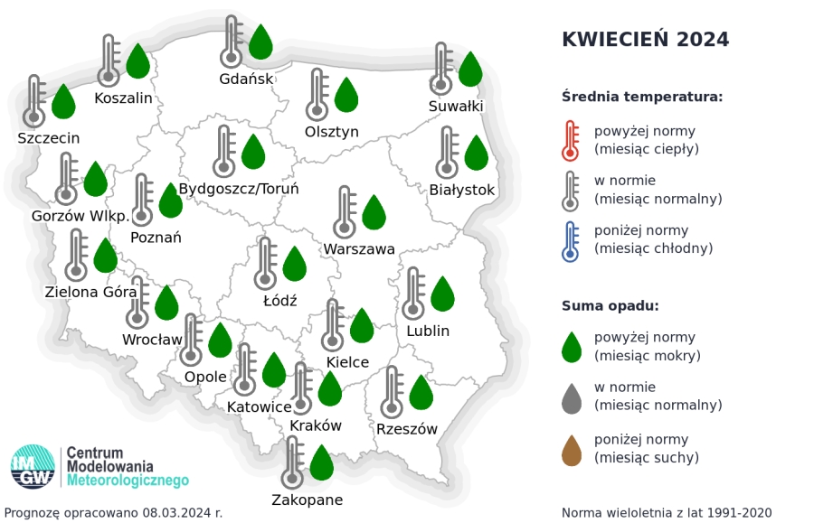 Rys. 1. Prognoza średniej miesięcznej temperatury powietrza i miesięcznej sumy opadów atmosferycznych na kwiecień 2024 r. dla wybranych miast w Polsce