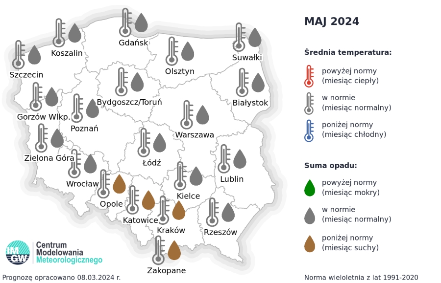 Rys.2. Prognoza średniej miesięcznej temperatury powietrza i miesięcznej sumy opadów atmosferycznych na maj 2024 r. dla wybranych miast w Polsce