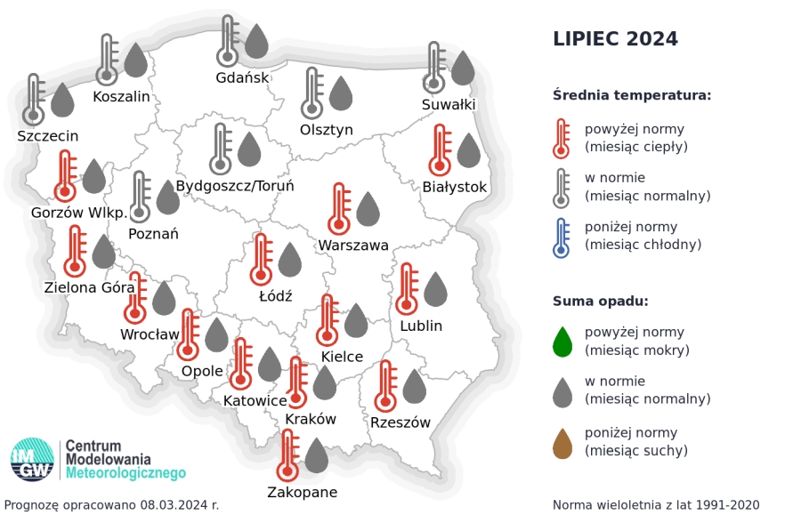 Rys. 4. Prognoza średniej miesięcznej temperatury powietrza i miesięcznej sumy opadów atmosferycznych na lipiec 2024 r. dla wybranych miast w Polsce