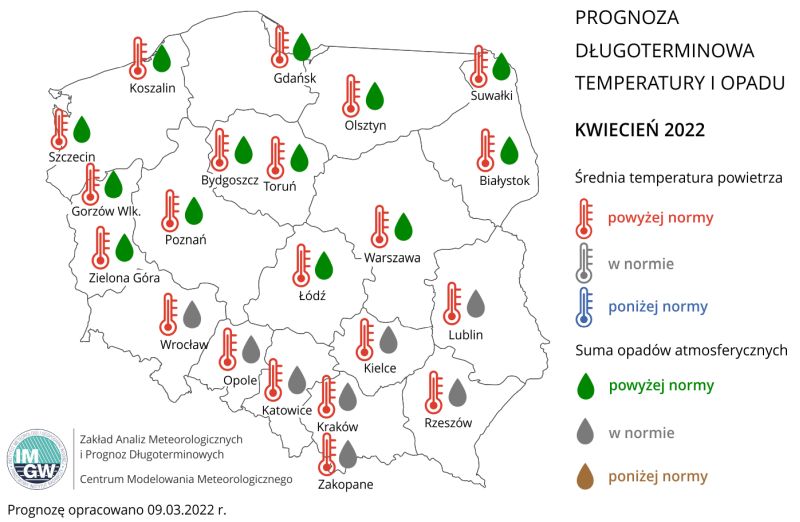 Prognoza średniej miesięcznej temperatury powietrza i miesięcznej sumy opadów atmosferycznych na kwiecień 2022 r. dla wybranych miast w Polsce.
