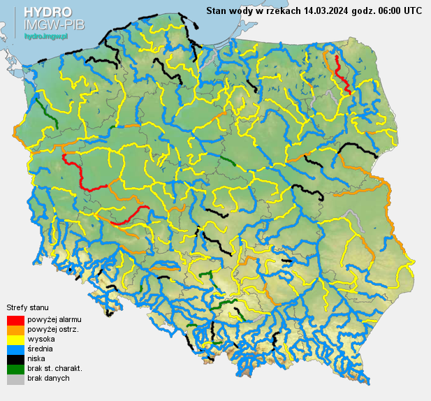 Stan wody na rzekach w Polsce 14.03.2024 r. godz. 7:00.