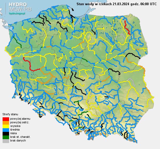 Stan wody na rzekach w Polsce 21.03.2024 r. godz. 7:00.