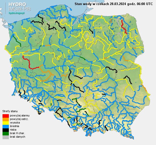 Stan wody na rzekach w Polsce 28.03.2024 r. godz. 7:00.
