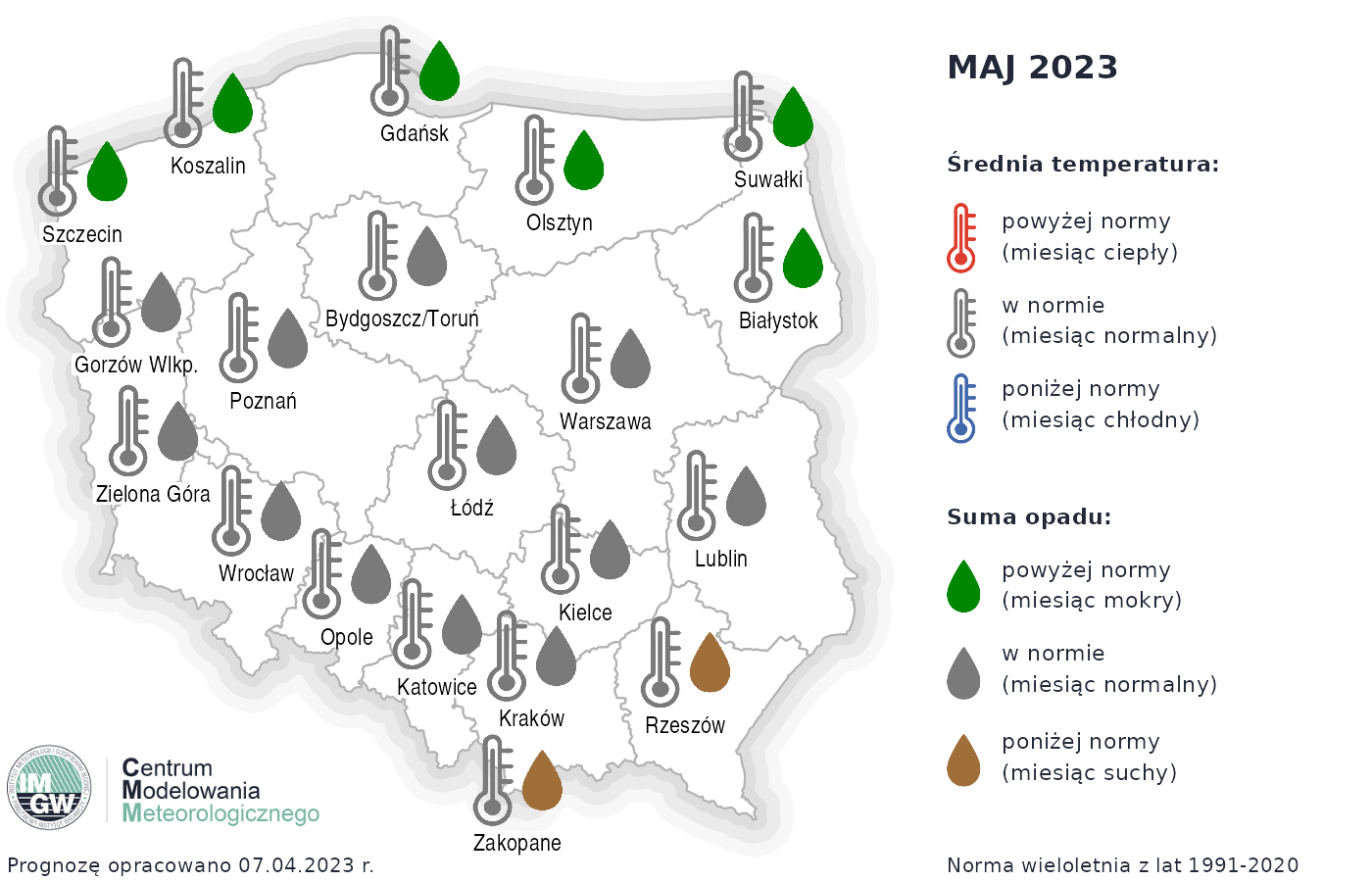 Rys. 1. Prognoza średniej miesięcznej temperatury powietrza i miesięcznej sumy opadów atmosferycznych na maj 2023 r. dla wybranych miast w Polsce