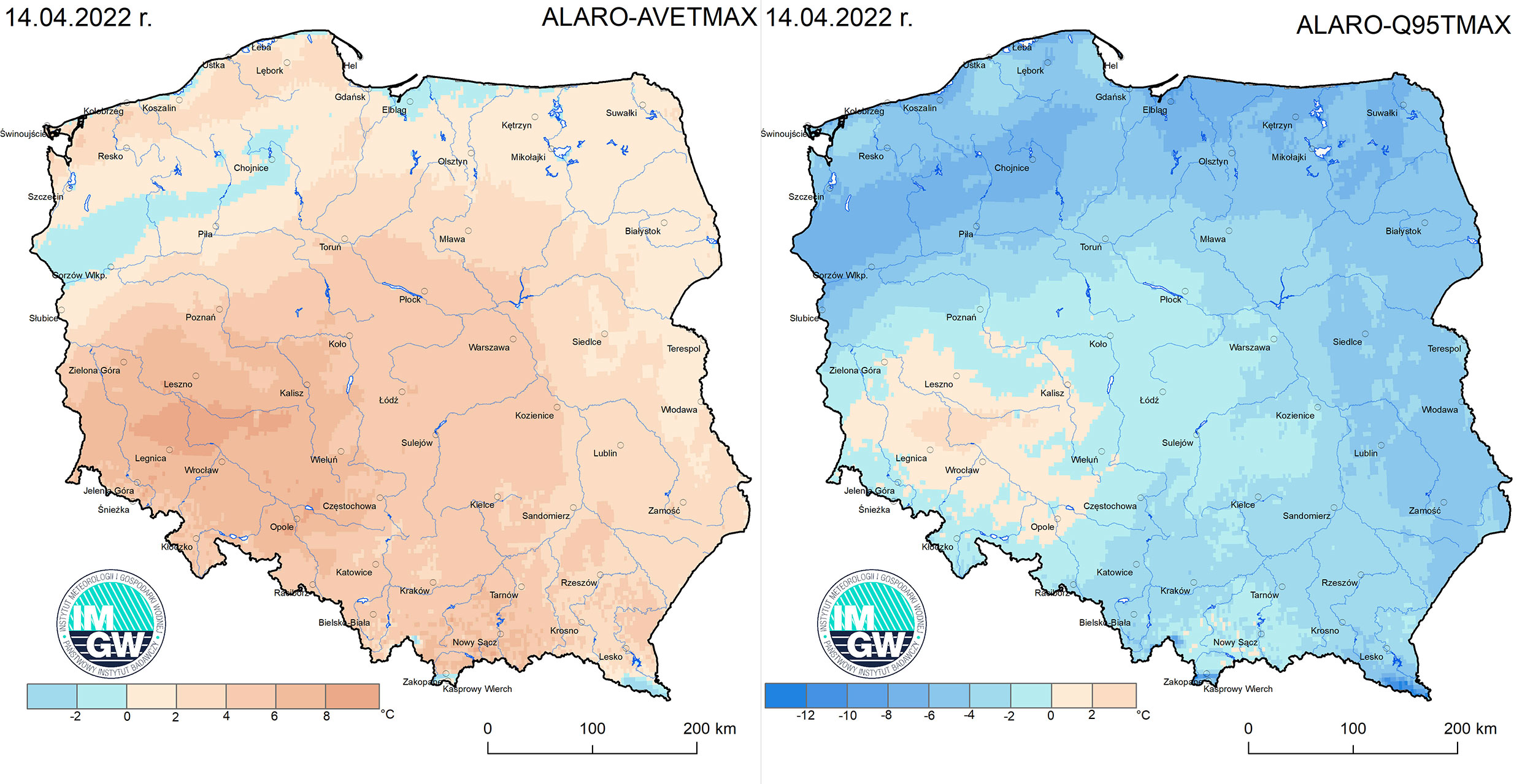Anomalia prognozy TMAX (14.04.2022) względem notowanych charakterystyk wieloletnich (1991-2020): ALARO-AVETMAX  – ALARO – wartość średnia TMAX (po lewej), ALARO-Q95TMAX – ALARO – kwantyl 95% TMAX (po prawej).