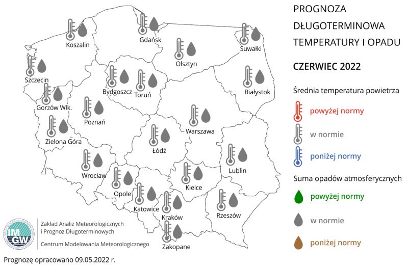 Prognoza średniej miesięcznej temperatury powietrza i miesięcznej sumy opadów atmosferycznych na czerwiec 2022 r. dla wybranych miast w Polsce.