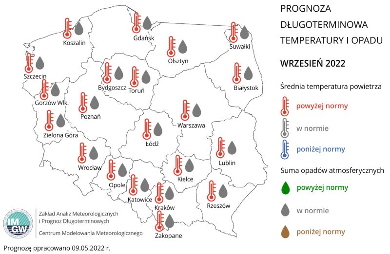 Prognoza średniej miesięcznej temperatury powietrza i miesięcznej sumy opadów atmosferycznych na wrzesień 2022 r. dla wybranych miast w Polsce.