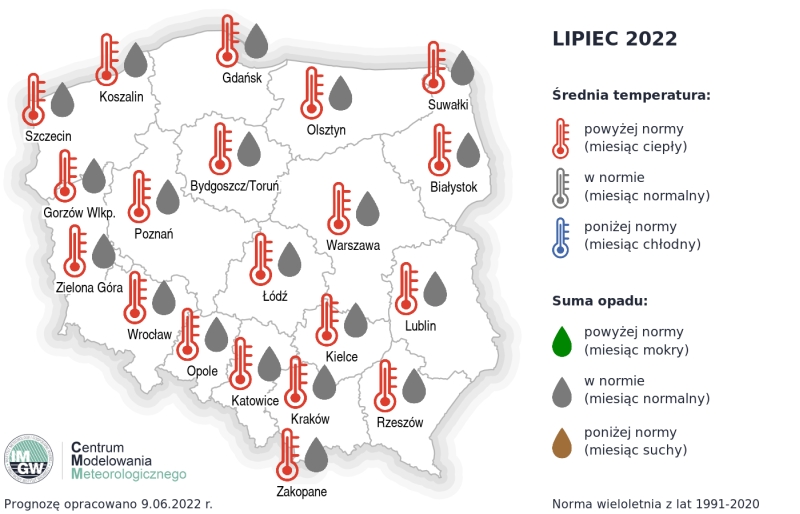Prognoza średniej miesięcznej temperatury powietrza i miesięcznej sumy opadów atmosferycznych na lipiec 2022 r. dla wybranych miast w Polsce.