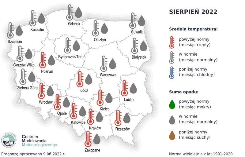 Prognoza średniej miesięcznej temperatury powietrza i miesięcznej sumy opadów atmosferycznych na sierpień 2022 r. dla wybranych miast w Polsce.