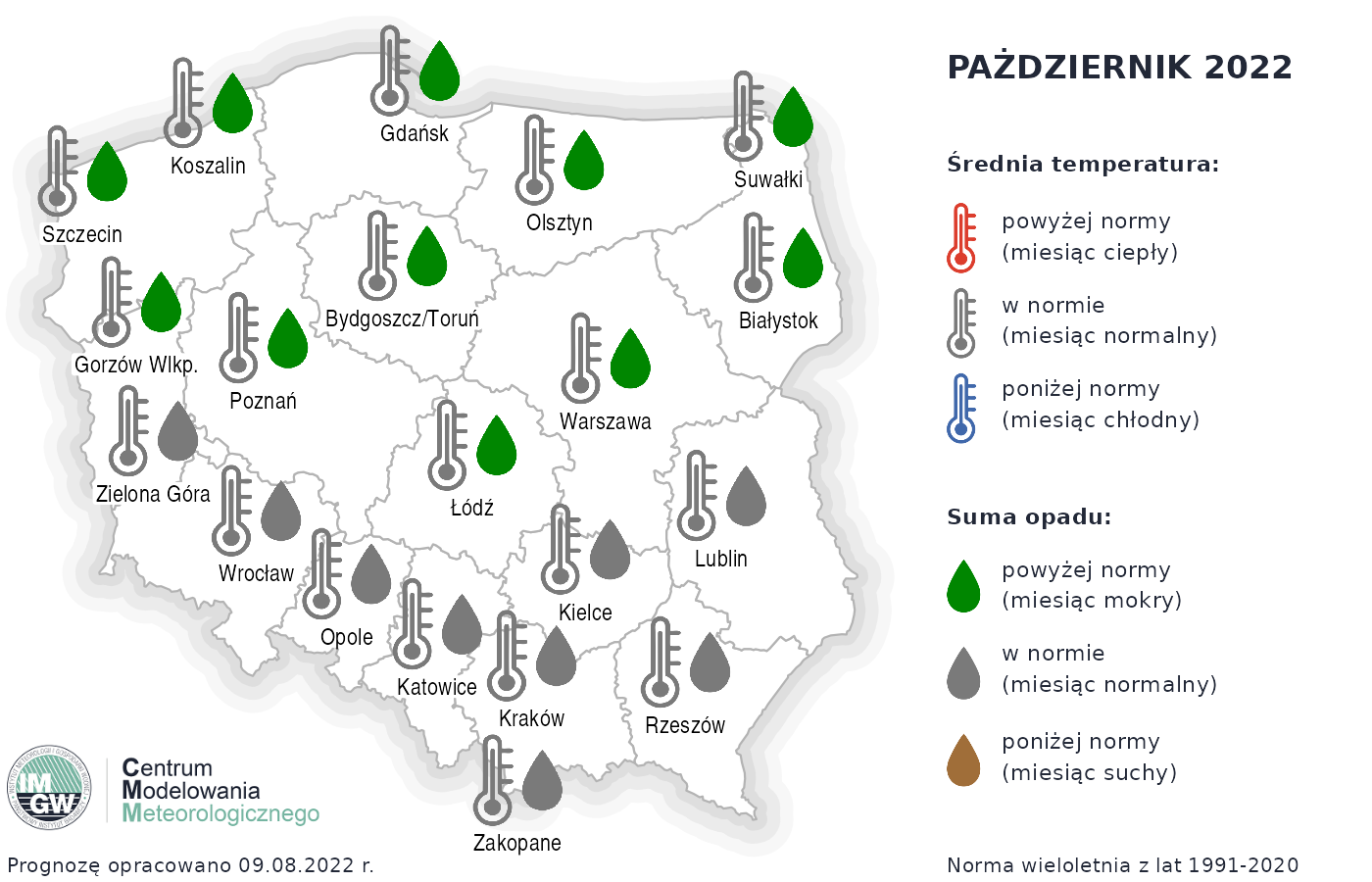 Prognoza średniej miesięcznej temperatury powietrza i miesięcznej sumy opadów atmosferycznych na październik 2022 r. dla wybranych miast w Polsce.