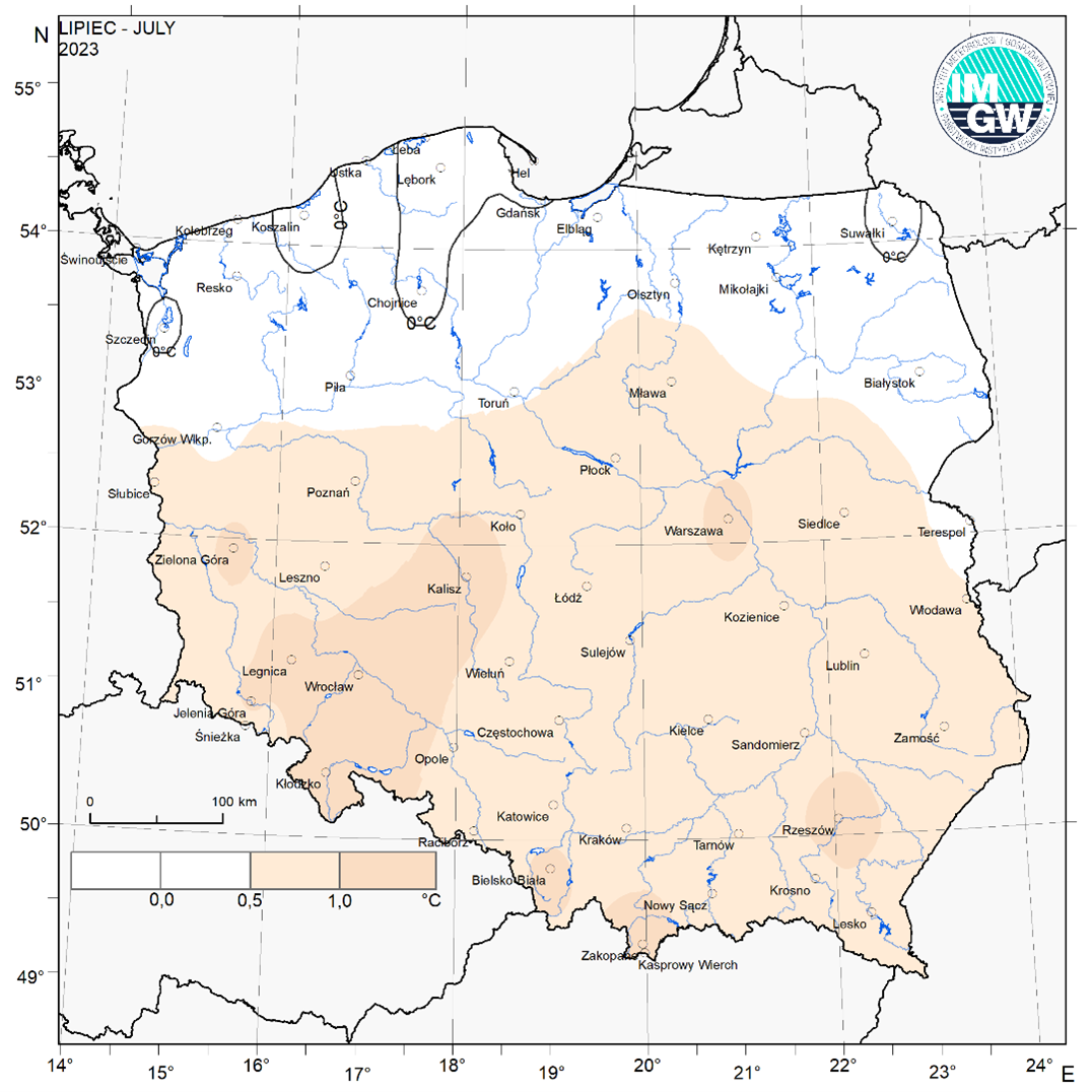 Anomalia (°C) średniej miesięcznej temperatury powietrza w Polsce w lipcu 2023 względem okresu wieloletniego 1991-2020 Źródło danych: https://climate.copernicus.eu/surface-air-temperature-july-2023, klimat.imgw.pl