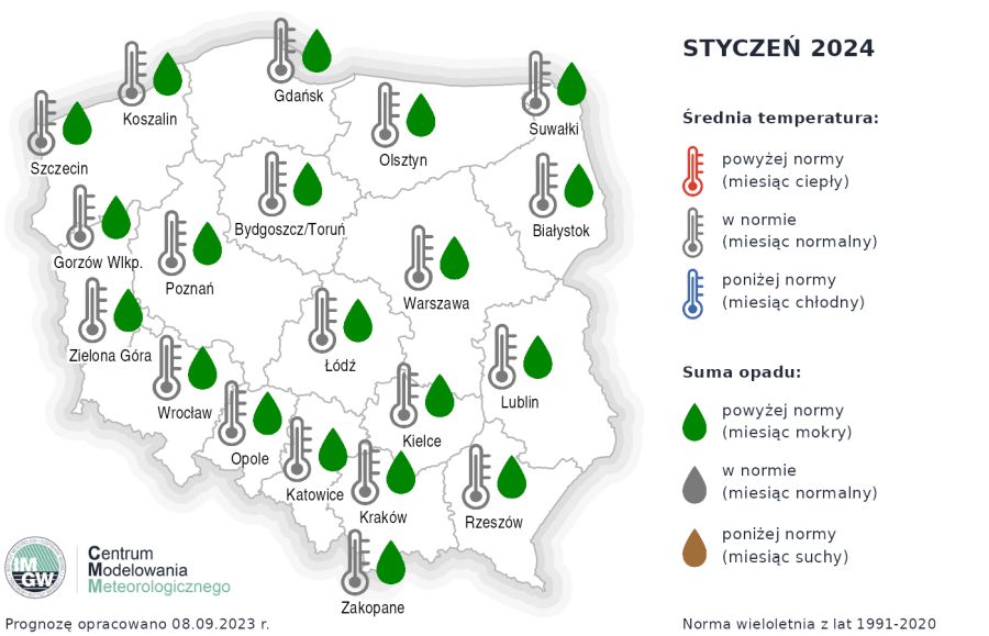 Rys. 4. Prognoza średniej miesięcznej temperatury powietrza i miesięcznej sumy opadów atmosferycznych na styczeń 2024 r. dla wybranych miast w Polsce