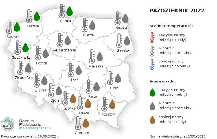 Prognoza średniej miesięcznej temperatury powietrza i miesięcznej sumy opadów atmosferycznych na październik 2022 r. dla wybranych miast w Polsce.