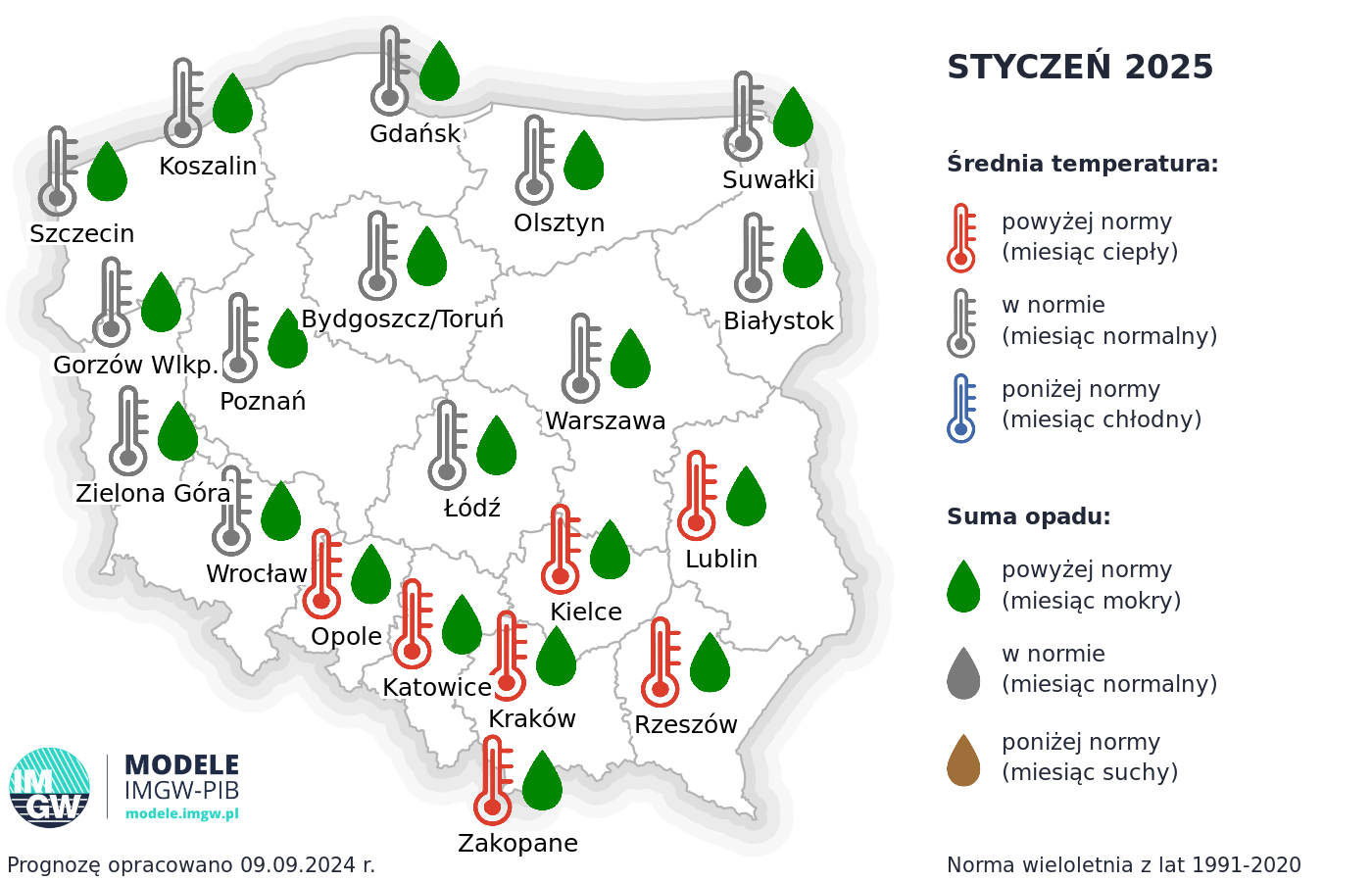 Rys. 4. Prognoza średniej miesięcznej temperatury powietrza i miesięcznej sumy opadów atmosferycznych na styczeń 2025 r. dla wybranych miast w Polsce