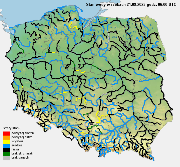 Stan wody na rzekach w Polsce 21.09.2023 r. godz. 8:00.