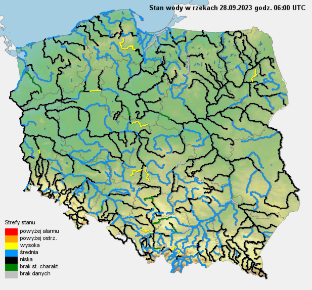 Stan wody na rzekach w Polsce 28.09.2023 r. godz. 8:00.