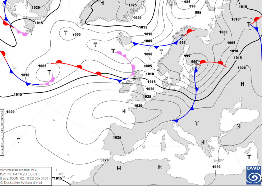 Mapa synoptyczna na dzisiejszą noc z 03/04.2023 r. (źródło DWD)