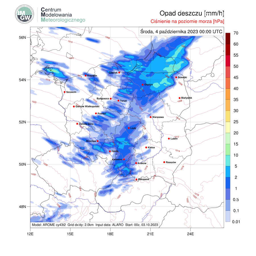 Opady deszczu [mm/h] jutro 4 października 2023 r. o godz. 02:00 (czasu lokalnego) wg modelu AROME