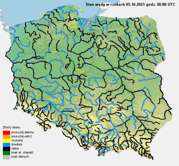 Stan wody na rzekach w Polsce 05.10.2023 r. godz. 8:00.