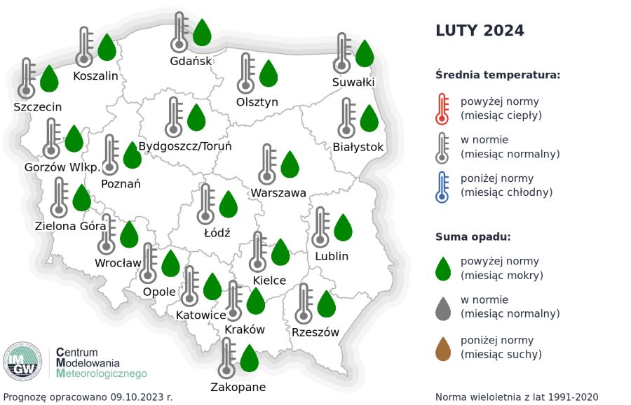 Rys. 4. Prognoza średniej miesięcznej temperatury powietrza i miesięcznej sumy opadów atmosferycznych na luty 2024 r. dla wybranych miast w Polsce