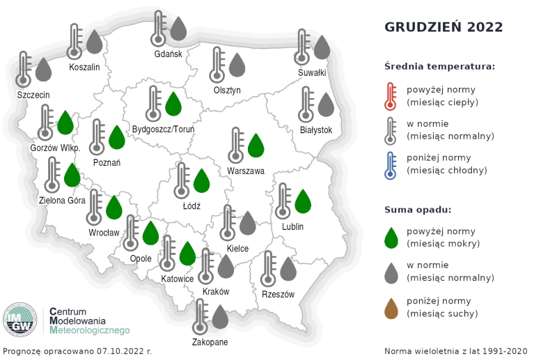 Rys.2. Prognoza średniej miesięcznej temperatury powietrza i miesięcznej sumy opadów atmosferycznych na grudzień 2022 r. dla wybranych miast w Polsce